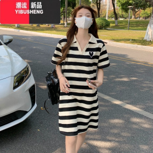 YIBUSHENG大码女装t恤连衣裙季胖mm遮肚子显瘦条纹POLO衫中长款裙子