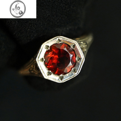 JiMi阿呆时期 重工雕花戒壁欧洲古董925银石榴石戒指 红色西洋宫廷复