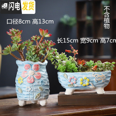 三维工匠多肉花盆陶瓷大号老桩花盆创意法师陶罐粗陶肉肉植物花盆 蓝色老桩+长盆 中等花盆容器