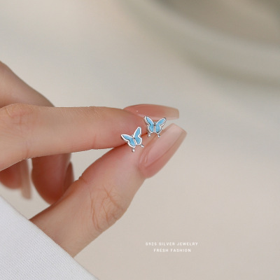 s925纯银蓝色蝴蝶耳钉女森系简约百搭小清新小巧养耳洞耳饰批发送女朋友老婆情人节七夕生日礼物