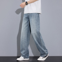 重磅棉感男 牛仔阔腿裤 青年男士款 浅蓝水洗 四季款宽松垂感长裤
