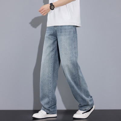 重磅棉感男牛仔阔腿裤青年男士款浅蓝水洗四季款宽松垂感长裤