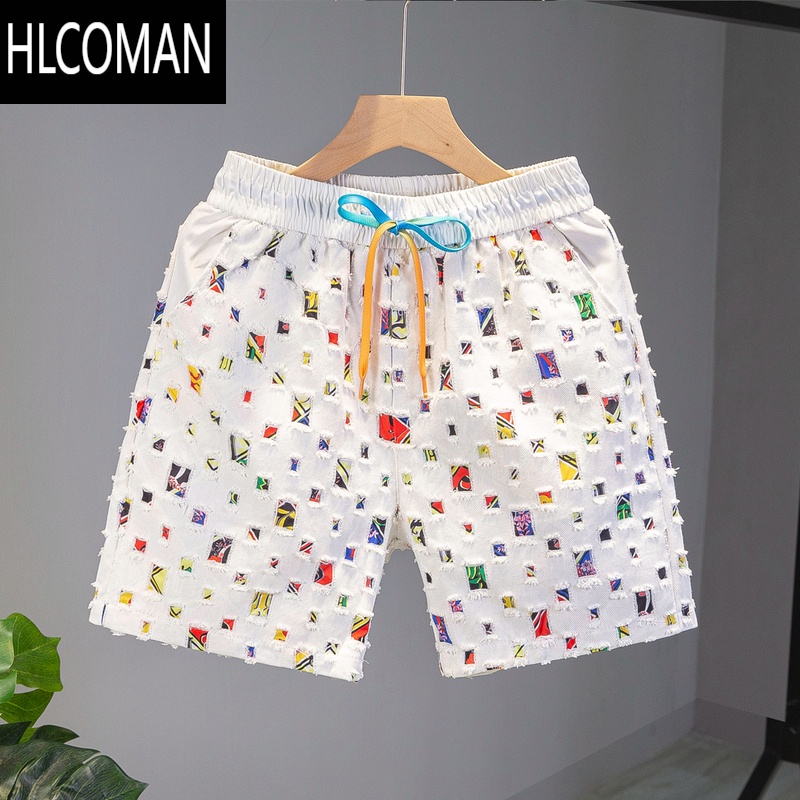 HLCOMAN网红新款休闲短裤男士夏季白色设计感痞帅宽松五分运动沙滩裤潮流