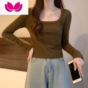 七斓卡其色方领春季上衣女新款长袖修身显瘦短款配大衣内搭T恤打底衫