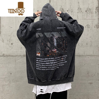 YANXU美式复古做旧卫衣男秋春季高街潮牌hiphop痞帅上衣服连帽外套