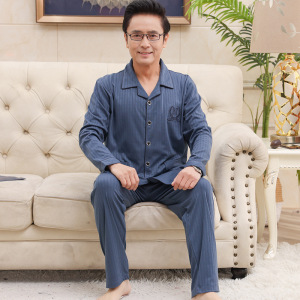 秋冬季睡衣男士长袖棉质中老年人家居服开衫翻领休闲宽松大码套装