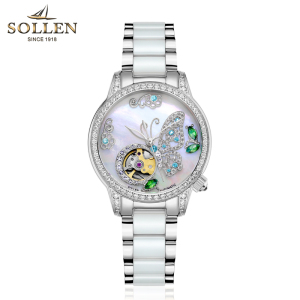 梭伦(SOLLEN)手表女自动机械表防水女表蝴蝶镂空时尚潮流镶钻陶瓷表SL406