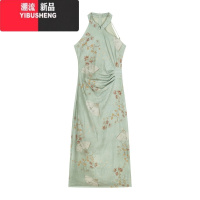 YIBUSHENG新中式印花无袖挂脖连衣裙女装季国风气质长裙绿色收腰包臀裙子