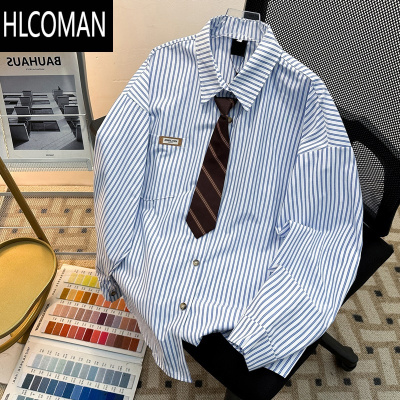 HLCOMAN潮牌竖条纹领带蓝色长袖衬衫男女复古宽松bf百搭小众翻领短袖衬衣
