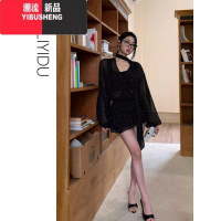 YIBUSHENGMLYD/定制 大码法式V领黑色波点衬衫连衣裙性感收腰显瘦雪纺短裙
