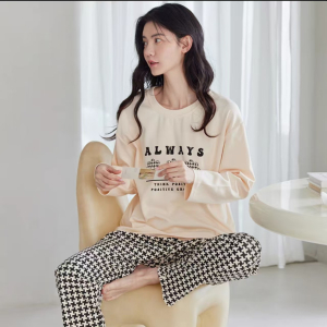 新款啄木鸟100%纯棉睡衣女春秋季长袖带胸垫秋冬可外穿家居服套装