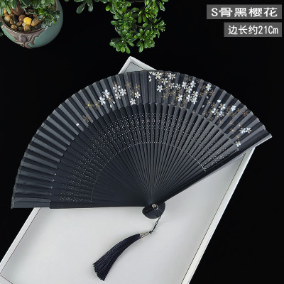黑色扇子折扇中国风女古风汉服古典舞蹈扇夏季随身日式樱花折叠扇三维工匠夹骨扇（绿）