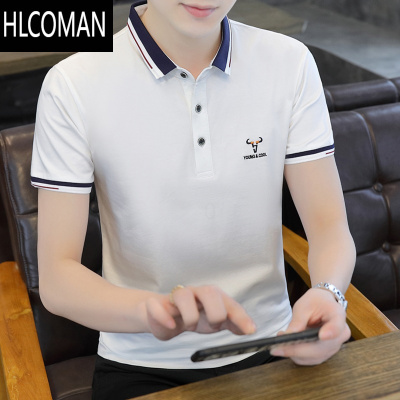HLCOMAN夏季潮流翻领男装体恤衫商务休闲有带领子短袖男T恤衣服