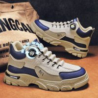 皮革拼接复古时尚旋转纽扣免系带马丁靴秋季户外运动防风增高男靴