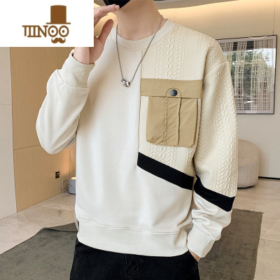 YANXU2023新款圆领卫衣男宽松百搭撞色拼接潮牌无帽套头衫上衣服