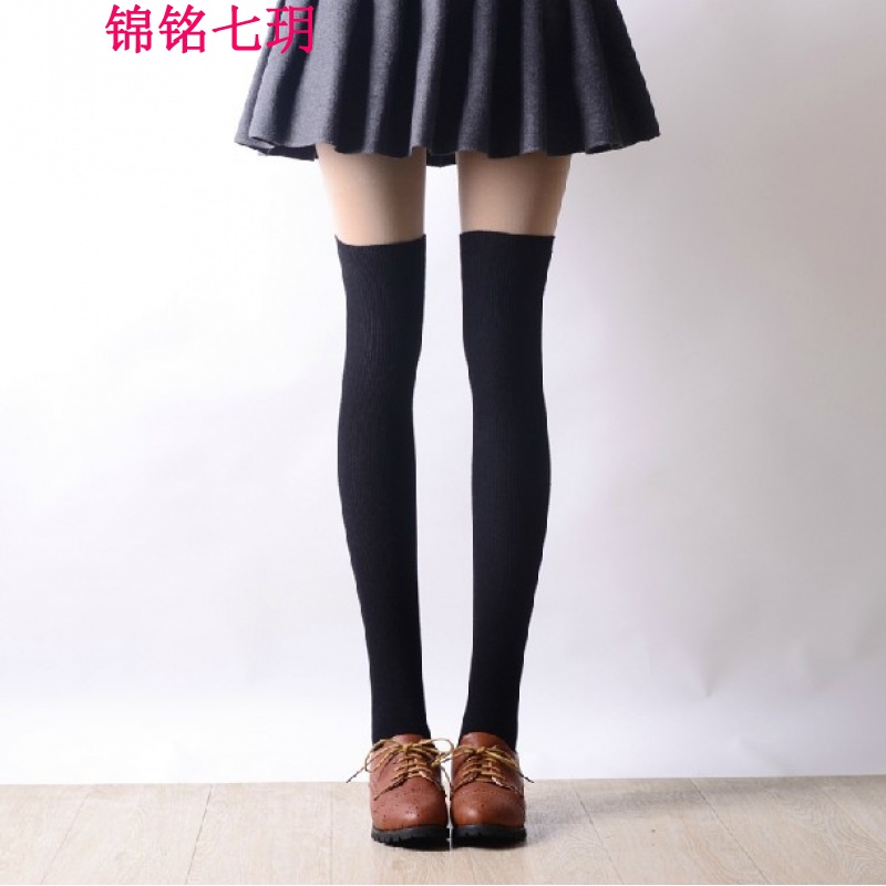 锦铭七玥韩版秋季棉高筒袜 过膝袜 长筒袜厂 棉长袜子堆堆袜黑色女