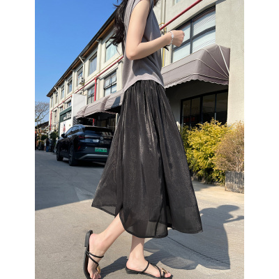 黑色流光裙女2026夏季新款高腰显瘦光泽感a字半身裙中长款纱网裙