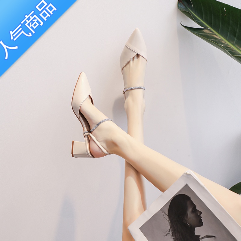 SUNTEK2023年夏季新款百搭配裙子仙女风淑女中跟粗跟两穿包头凉鞋女高跟