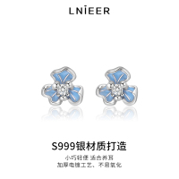 999纯银小小蓝色鸢尾花耳钉新款耳环女小众甜美花朵耳饰养耳免摘送女朋友老婆情人节七夕生日礼物