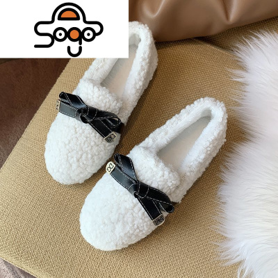 七色王国网红毛毛鞋女冬季2020新款平底蝴蝶结羔毛加绒外穿豆豆鞋子女休闲鞋
