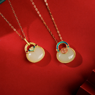 印象眸s925银镶和田玉吊坠银镶白玉珐琅福字包挂件附送证书