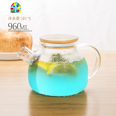 玻璃竹盖冷水壶凉水瓶可高温凉水夏天家用大容量凉水壶套装H FENGHOU 冷水壶(小)+4泡杯+提手盘