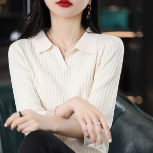 优雅法式POLO领棉线七分袖坑条女士短袖T恤宽松针织衫翻领上衣