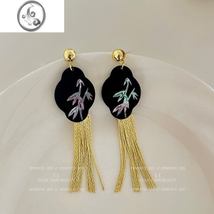 JiMi月下竹影 新中式炫彩金属流苏耳环女小众高级感复古气质黑色耳饰 黑色流苏耳环925银针