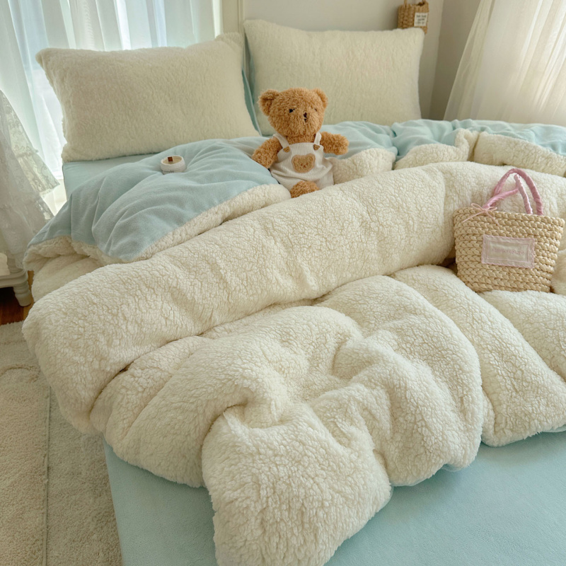 韩系奶呼呼加厚羊羔绒床上四件套简约纯色保暖珊瑚绒床单被套套件