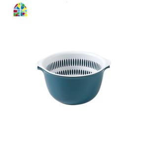 塑料双层镂空沥水洗菜篮家用蔬菜收纳篮厨房水果蓝子洗菜盆 FENGHOU 小号圆形深蓝