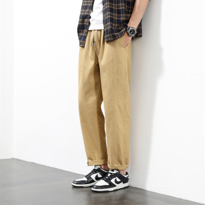 卡其色明线装饰休闲裤男抽绳直筒裤肌理感面料 春夏透气 通勤长