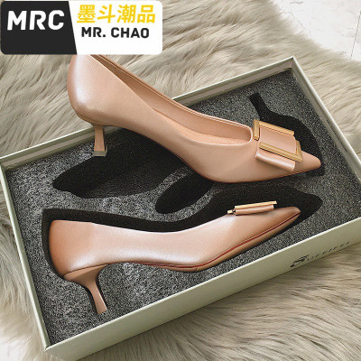 法式小高跟(5-8厘米)5公分高跟(5-8厘米)鞋女裸色少女百搭仙气猫跟细跟单鞋女5cm墨斗潮品休闲鞋