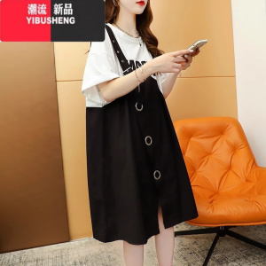 YIBUSHENG2024季新款韩版胖mm拼接假两件短袖t恤大码女装中长款连衣裙潮