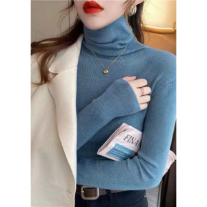 秋装新款女克莱因蓝堆堆领针织衫打底衫高领毛衣紧身修身内搭上衣