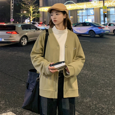 [3件8.5折84.9元,叠加优惠券]唐狮秋季新款女无领左胸笑脸图案开衫外套百搭潮流韩系ins