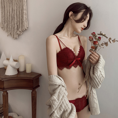 Ideamini红色内衣女聚拢小胸性感蕾丝结婚本命年上托无钢圈文胸套装调整型文胸套装