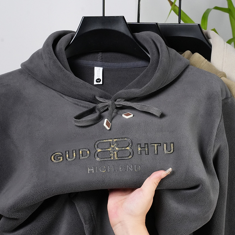 加绒连帽卫衣男双面奥粒绒秋冬季新款潮牌青年加绒保暖男士打底衫