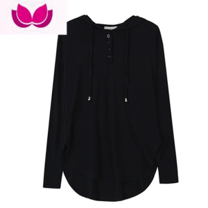 七斓V领上衣女秋季宽松休闲慵懒连帽打底衫长袖中长款运动T恤