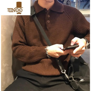 YANXU港风日系翻领长袖针织衫男士2023新款宽松休闲薄款毛衣套头