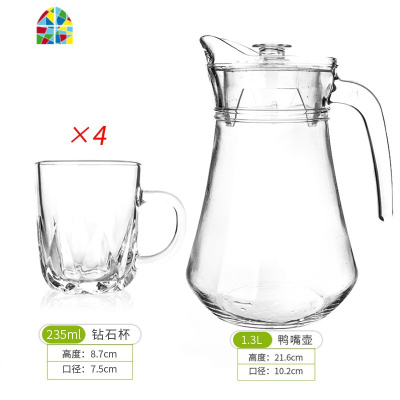 大量杯玻璃冷水瓶家用可高温防爆盛凉白开水鸭嘴壶扎杯倒果汁容器 FENGHOU 1竖条壶+4钻石杯