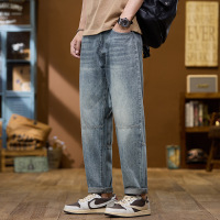 复古蓝膝部拼接牛仔裤 男士牛仔锥形裤 宽松水洗工装风休闲长裤子