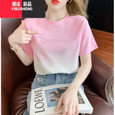 YIBUSHENG时尚渐变色短袖t恤女季2024新款设计感小众字母刺绣冰丝上衣