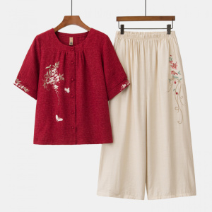 中老年女装休闲套装40-60岁中年妈妈装短袖刺绣款衣服50岁夏装