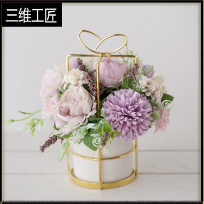 北欧铁艺室内客厅仿真假花玫瑰摆件餐桌茶几装饰塑料干花盆栽植物三维工匠金提+杂花牡丹紫