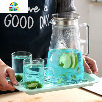 冷水壶玻璃耐热高温防爆大容量透明家用白开水杯子果汁 FENGHOU 可高温水杯带把6只装[055]凉水壶