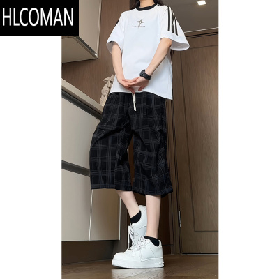 HLCOMAN新中式格子七分裤男款夏季设计感褶皱阔腿裤垂感宽松速干运动短裤