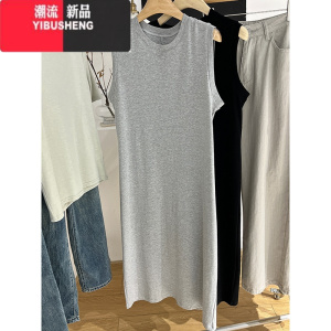 YIBUSHENG灰色背心t恤裙女中长款宽松休闲显瘦外穿无袖连衣裙直筒打底裙
