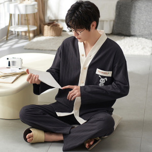 男士睡衣开衫和服长袖长裤套装休闲秋冬家居服可外穿_537