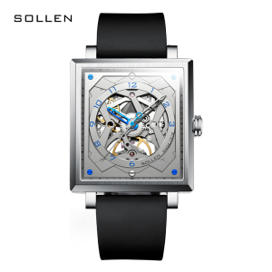 梭伦(SOLLEN)手表男镂空时尚休闲商务潮流复古防水方形男表自动机械表SL-205