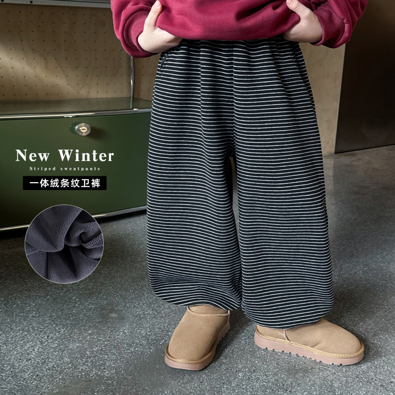 童酷男童冬季新款时尚宽松宝宝休闲裤加厚一体绒条纹儿童卫裤